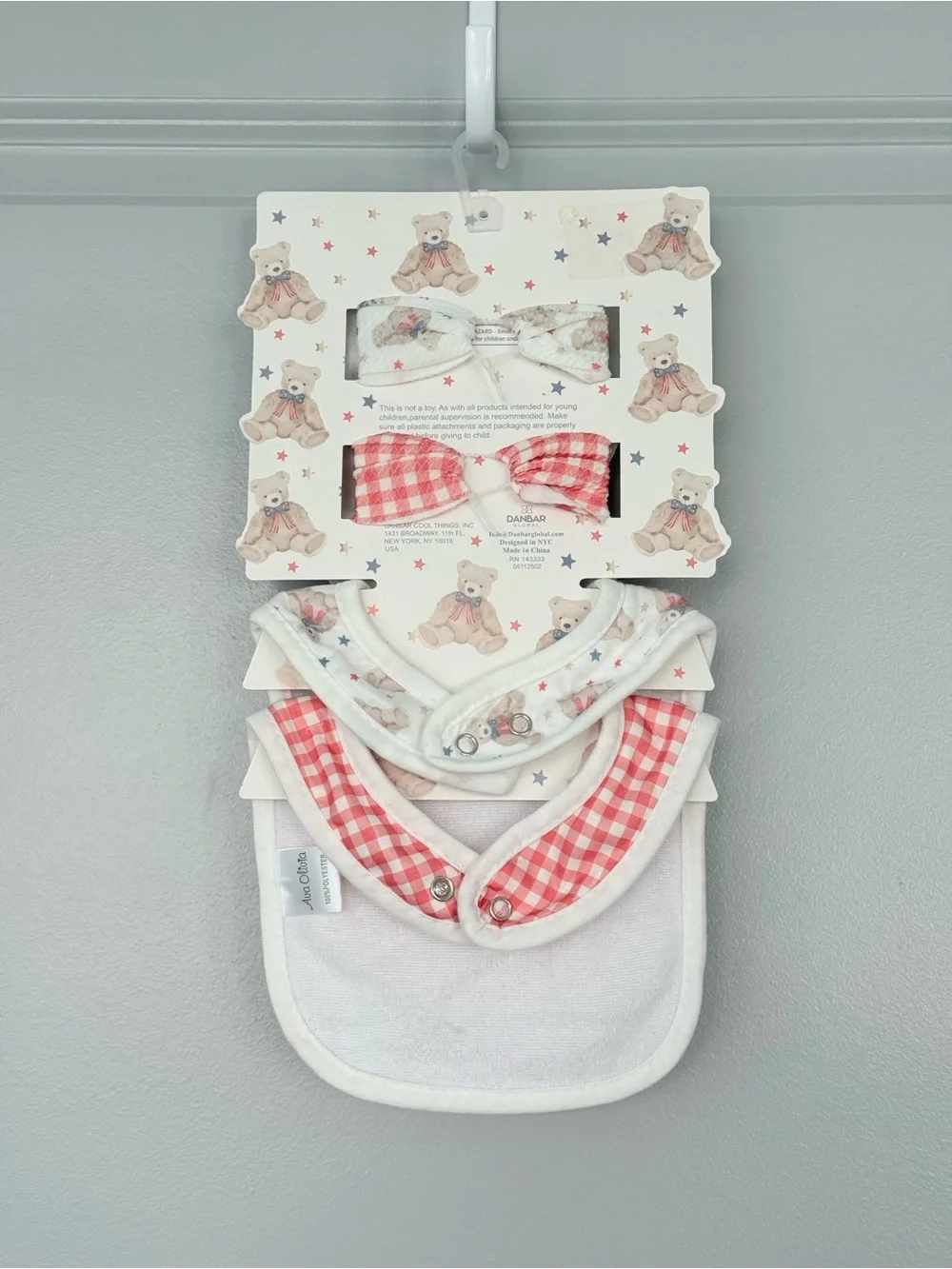 NWT Ava Olivia Red Gingham Teddy Bear Bib and Bow Set